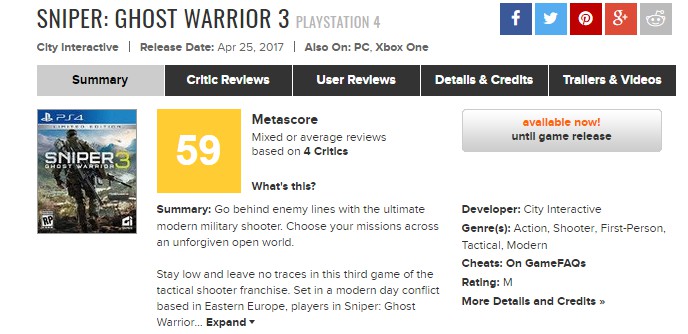 狙击手 幽灵战士3评分